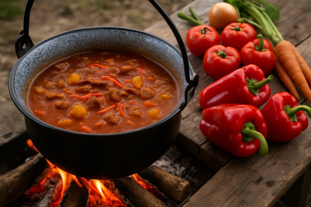 Ungarische Gulaschsuppe im Kessel über offenem Feuer mit frischem Paprika