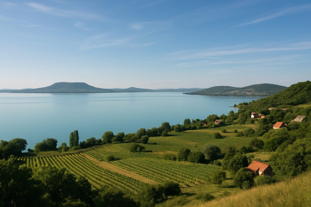 Blick auf den Plattensee mit Weinbergen von der Halbinsel Tihany