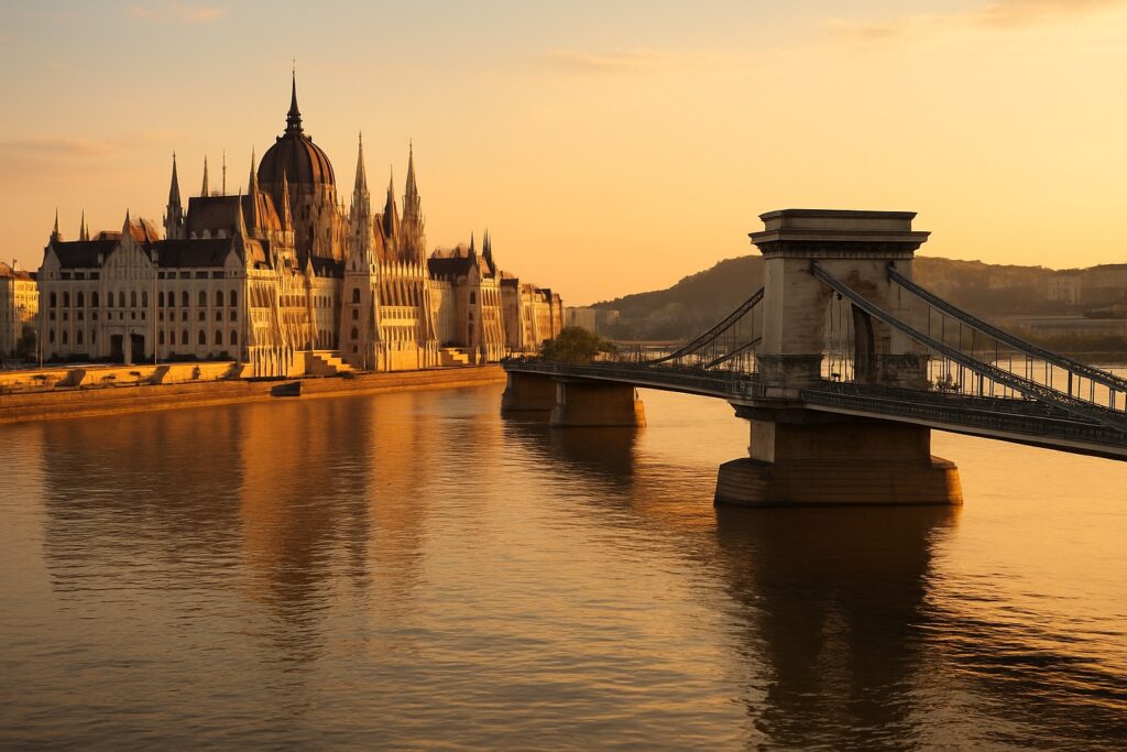 Parlament und Kettenbrücke in Budapest an der Donau im Abendlicht
