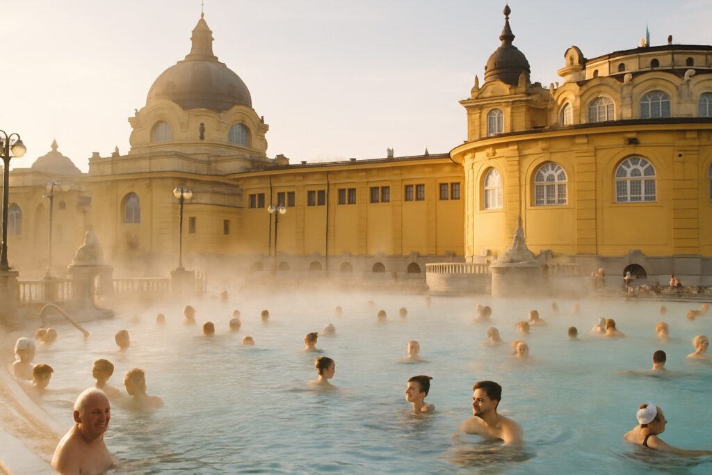 Dampfende neobarocke Außenbecken des Széchenyi-Thermalbads in Budapest